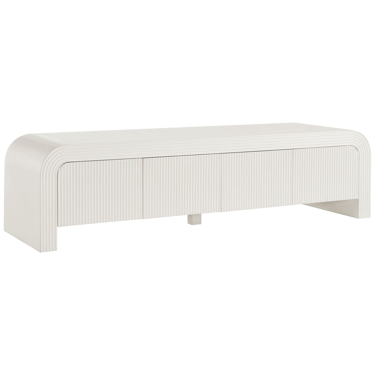 White matte fluted TV stand with waterfall edges and clean low-profile silhouette || EEI-7199-IVO || front_angle_studio