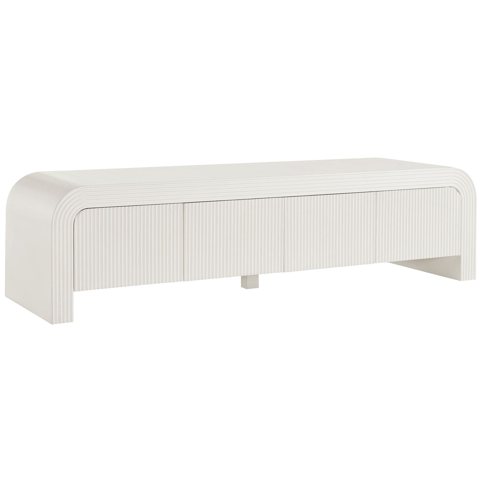 White matte fluted TV stand with waterfall edges and clean low-profile silhouette || EEI-7199-IVO || front_angle_studio