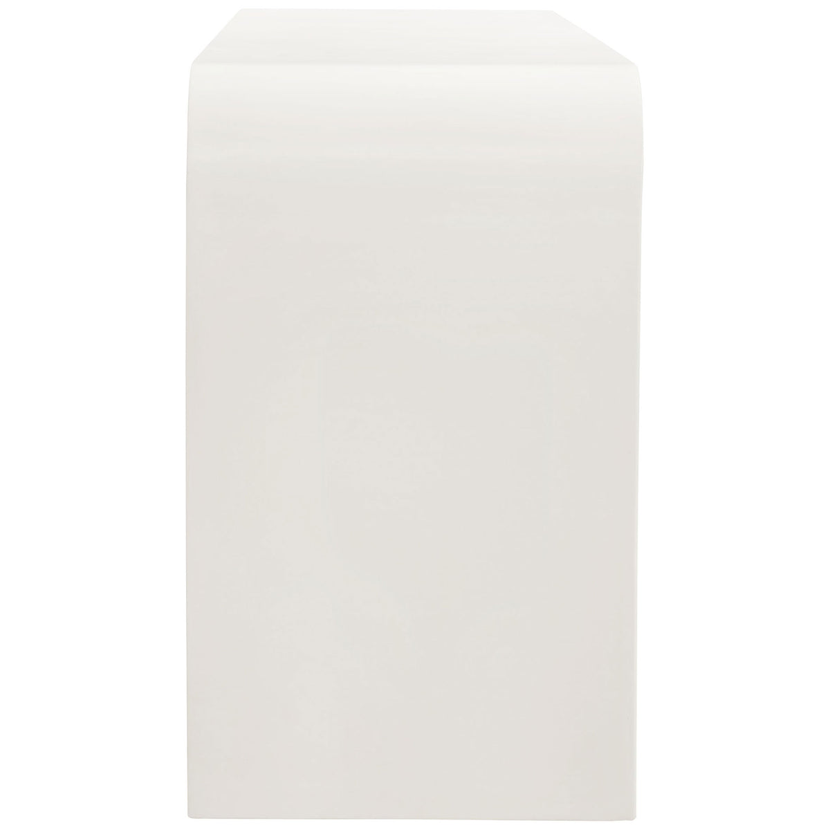 Smooth white matte waterfall side shows the continuous curved profile of the TV stand || EEI-7199-IVO || side_studio