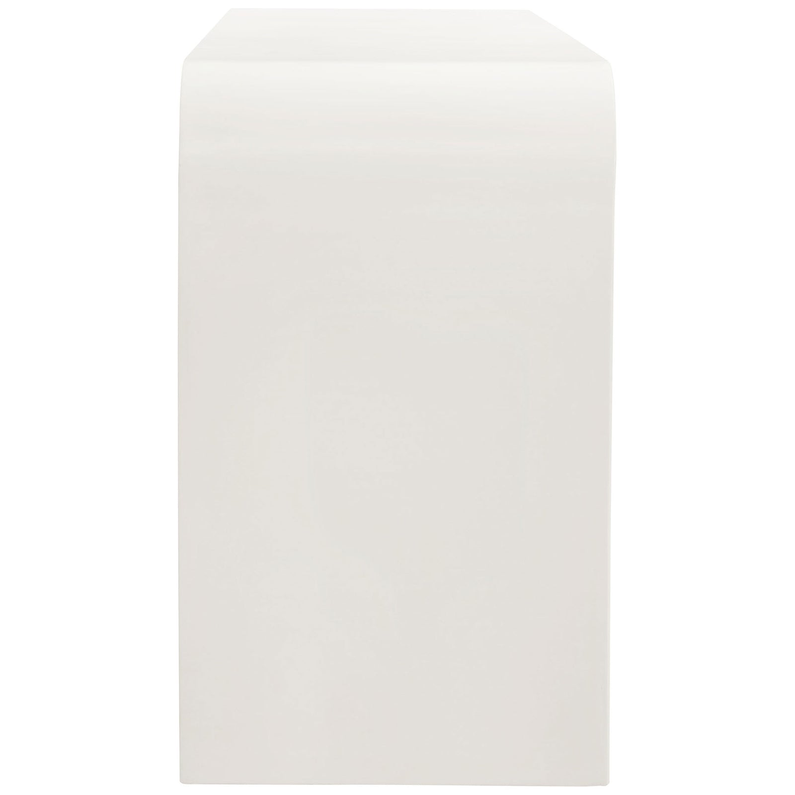 Smooth white matte waterfall side shows the continuous curved profile of the TV stand || EEI-7199-IVO || side_studio