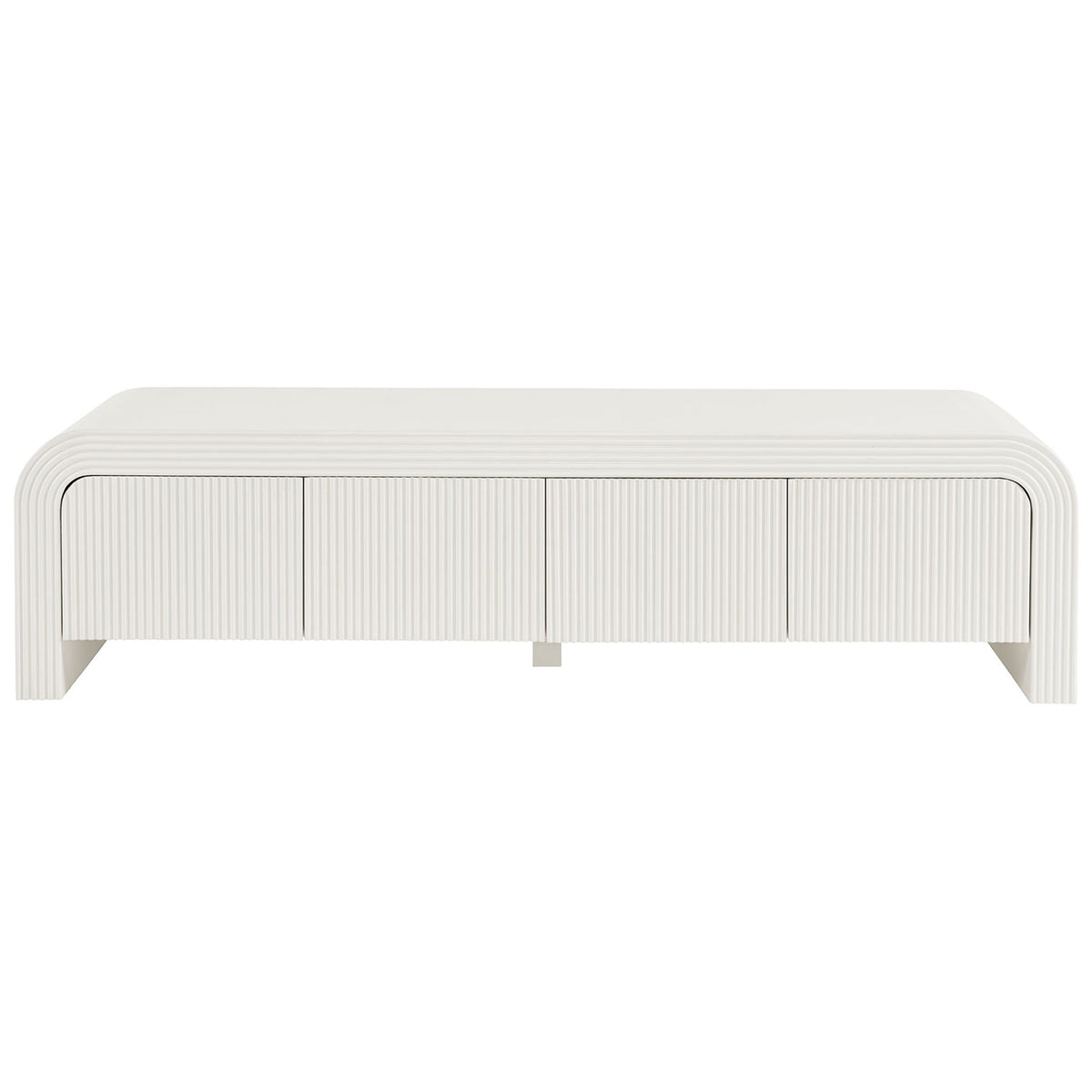 White matte fluted TV stand with four ribbed doors and central support for modern media storage || EEI-7199-IVO || front_studio