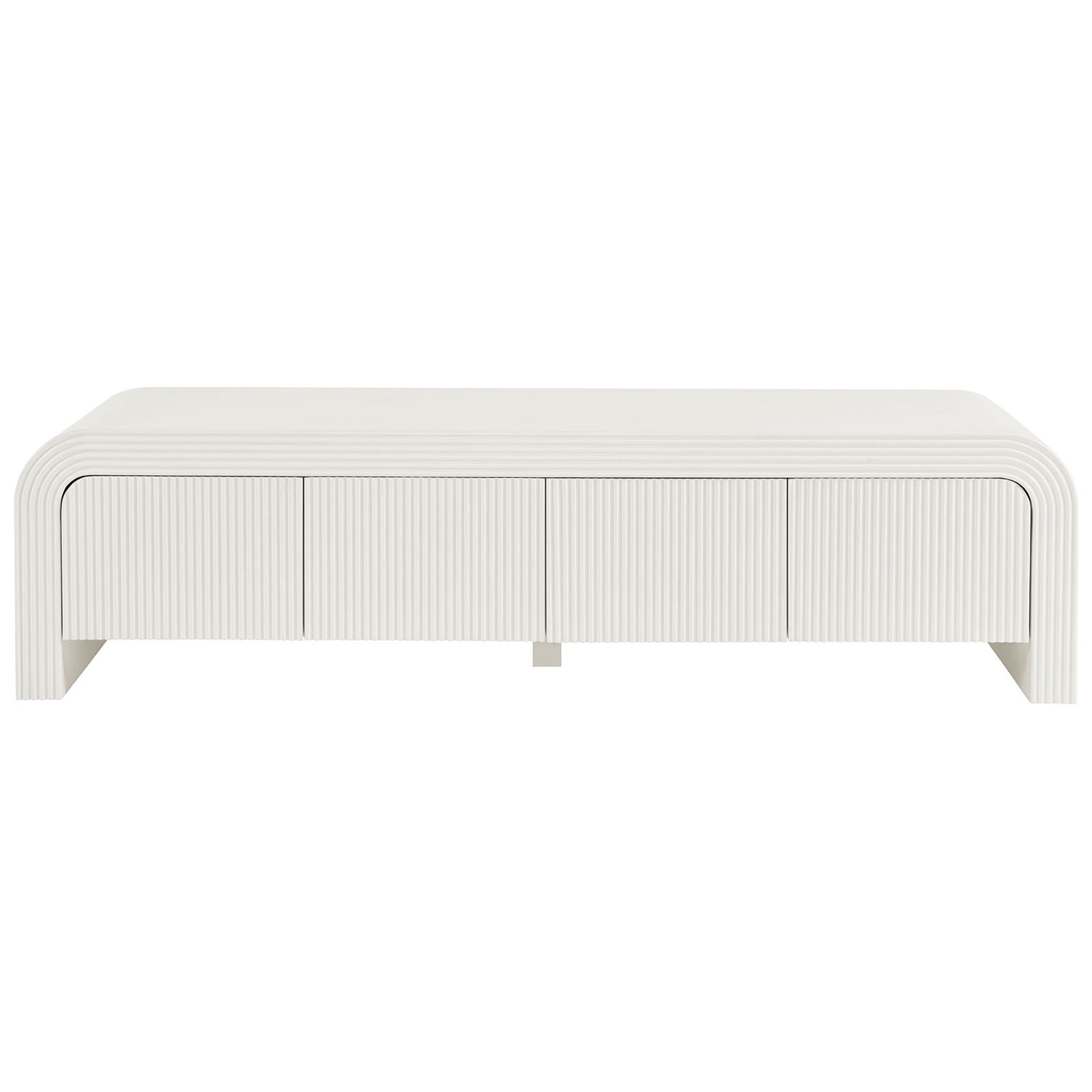 White matte fluted TV stand with four ribbed doors and central support for modern media storage || EEI-7199-IVO || front_studio
