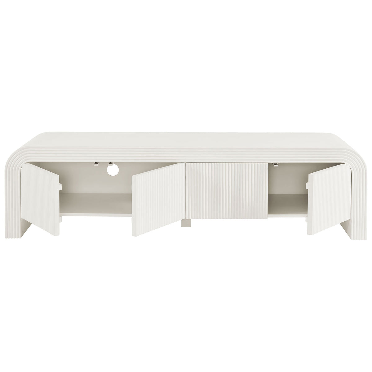 White matte TV stand with four doors open revealing spacious shelves and tidy cable management || EEI-7199-IVO || front_open_studio