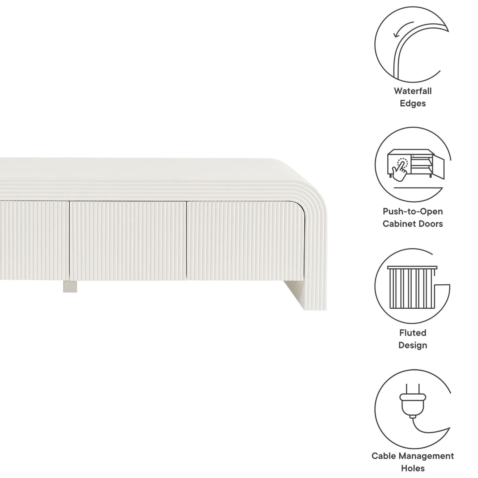 Graphic highlights Waterflute TV stand features like waterfall edges, fluted doors, and cable routing || EEI-7199-IVO || callout_studio