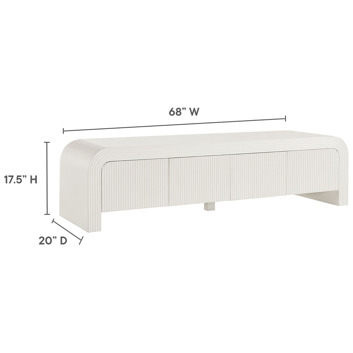 Dimension graphic shows the 68 inch wide Waterflute white TV stand with 20 inch depth and 17.5 inch height || EEI-7199-IVO || dimension_studio