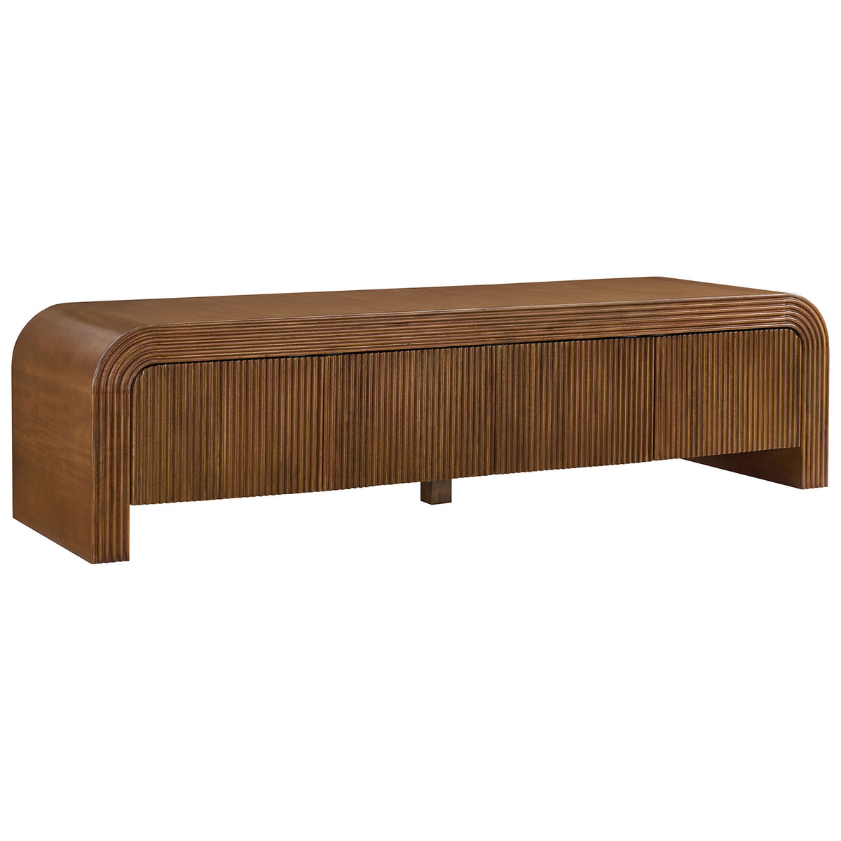 Walnut fluted TV stand with waterfall edges and sleek low-profile silhouette || EEI-7199-WAL || front_angle_studio