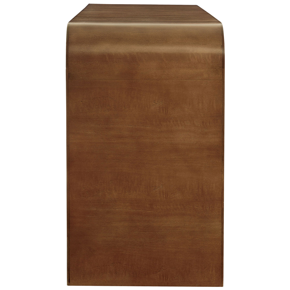 Smooth walnut waterfall side shows the continuous curved profile of the TV stand || EEI-7199-WAL || side_studio