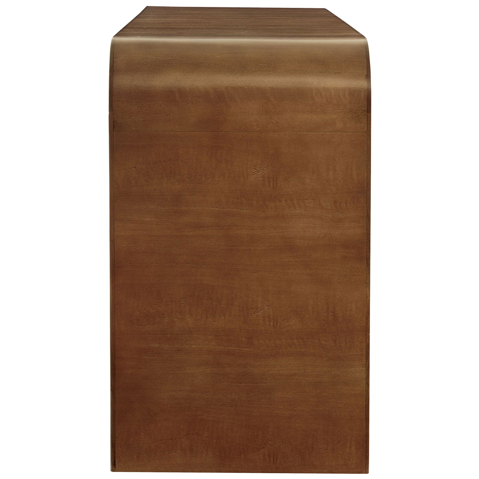 Smooth walnut waterfall side shows the continuous curved profile of the TV stand || EEI-7199-WAL || side_studio