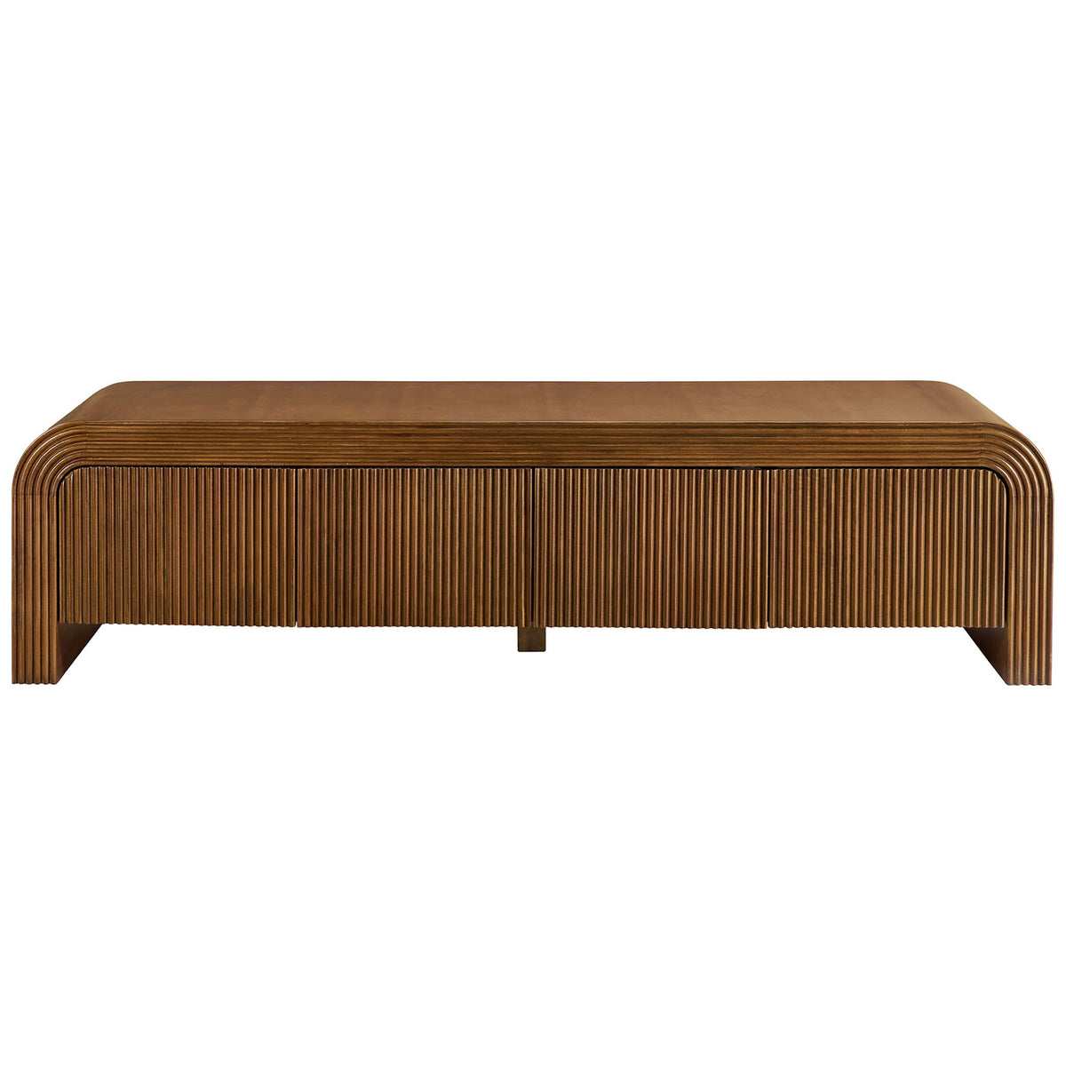 Walnut fluted TV stand with four ribbed doors and center support for modern media storage || EEI-7199-WAL || front_studio