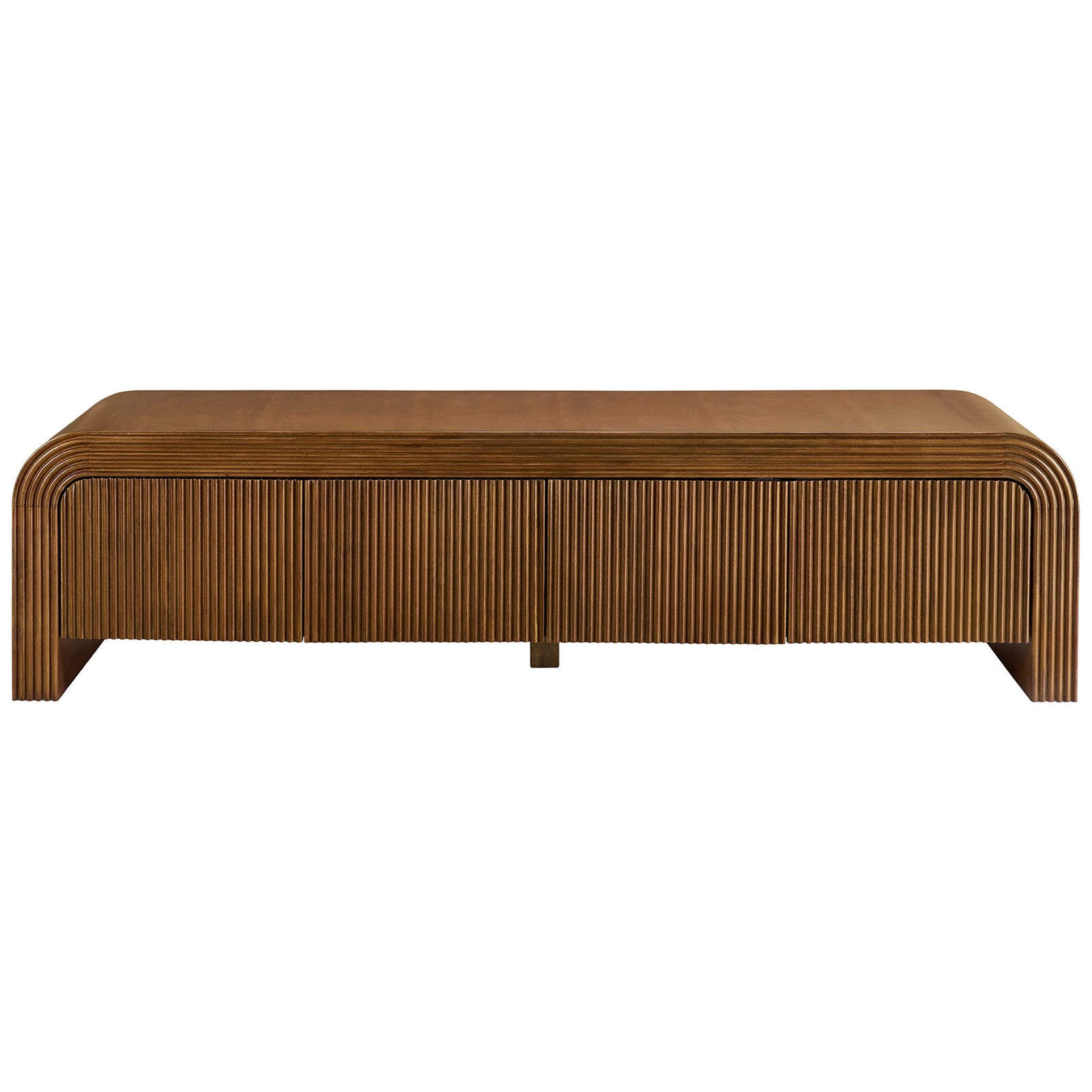 Walnut fluted TV stand with four ribbed doors and center support for modern media storage || EEI-7199-WAL || front_studio