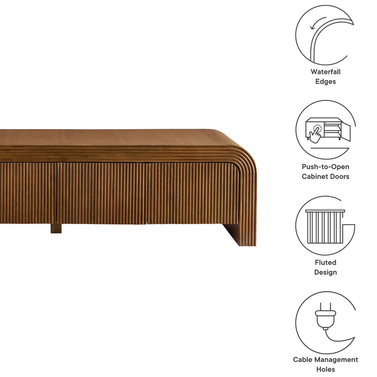 Graphic highlights Waterflute TV stand features like waterfall edges, fluted doors, and cable management || EEI-7199-WAL || callout_studio
