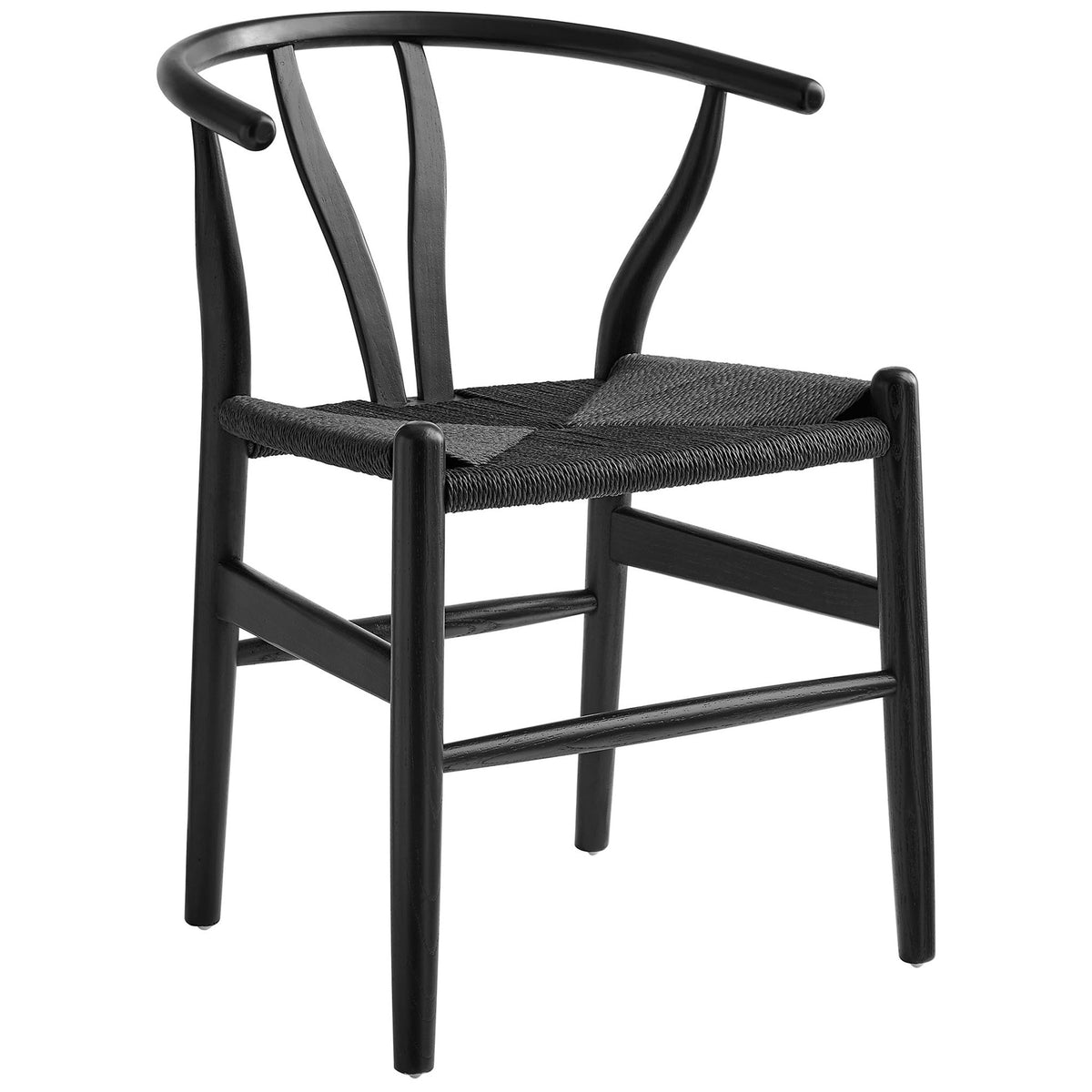 Sculpted black elm wood dining chair with supportive wraparound back and rope seat || EEI-7200-BLK-BLK || front_angle_studio