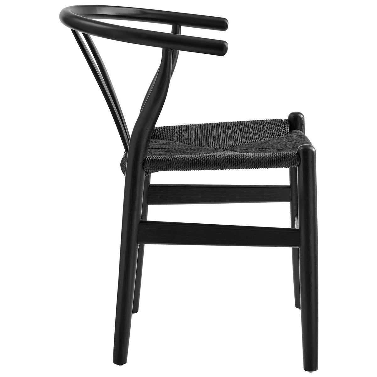 Side view of the black wood dining chair showcasing slim legs and foot bar supports || EEI-7200-BLK-BLK || side_studio