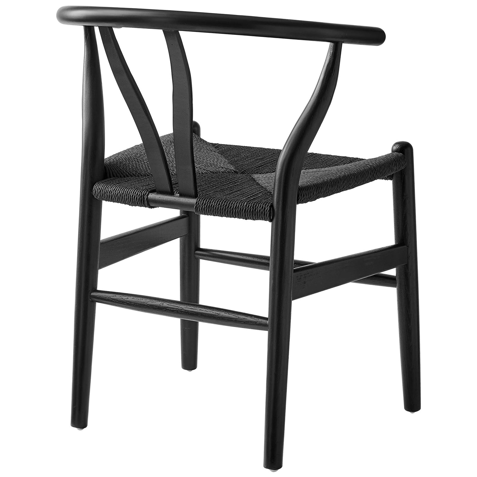 Back view of the black dining chair highlighting the V-shaped cutaway backrest and rope seat pattern || EEI-7200-BLK-BLK || back_angle_studio