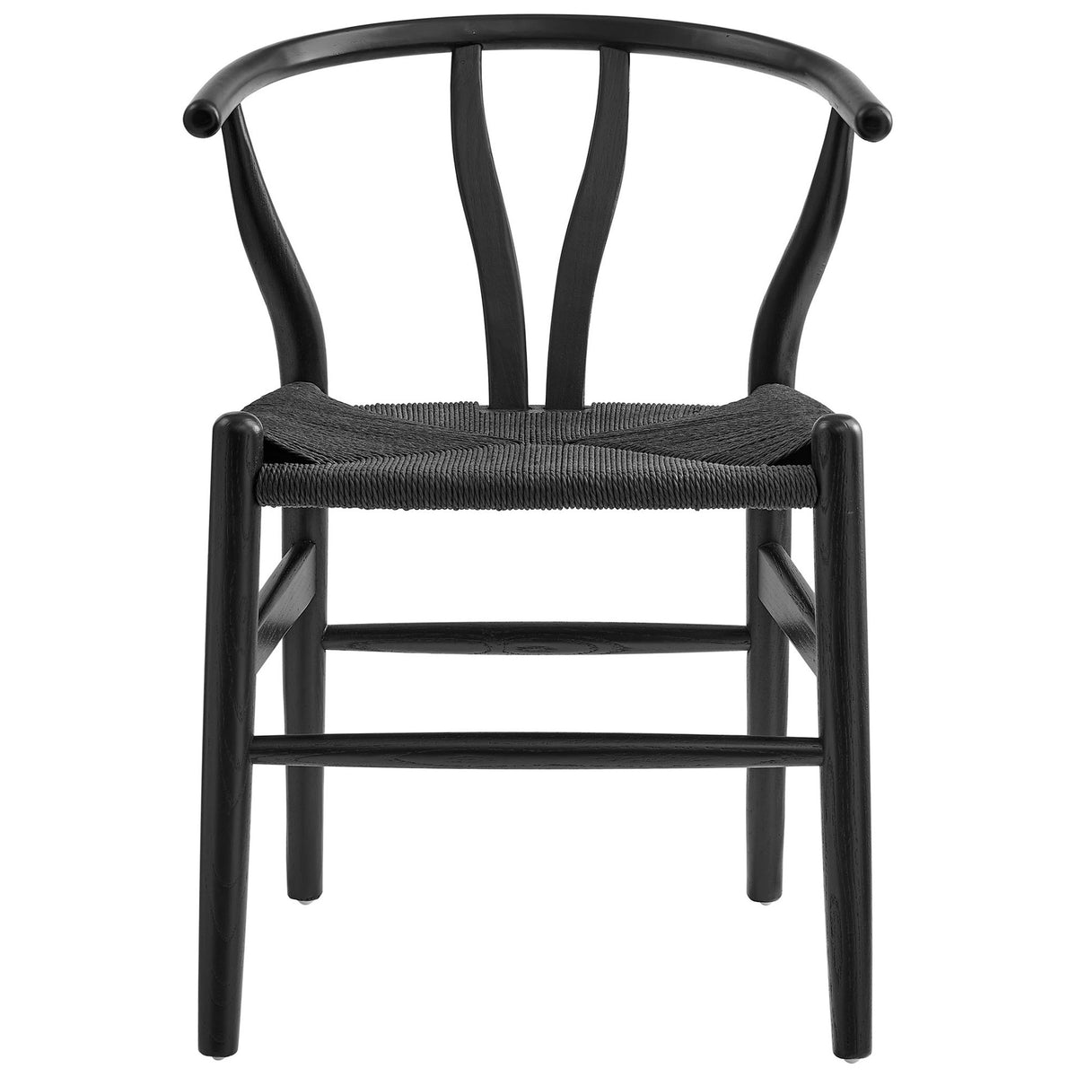 Black Amish wood dining chair with curved backrest and woven rope seat || EEI-7200-BLK-BLK || front_studio
