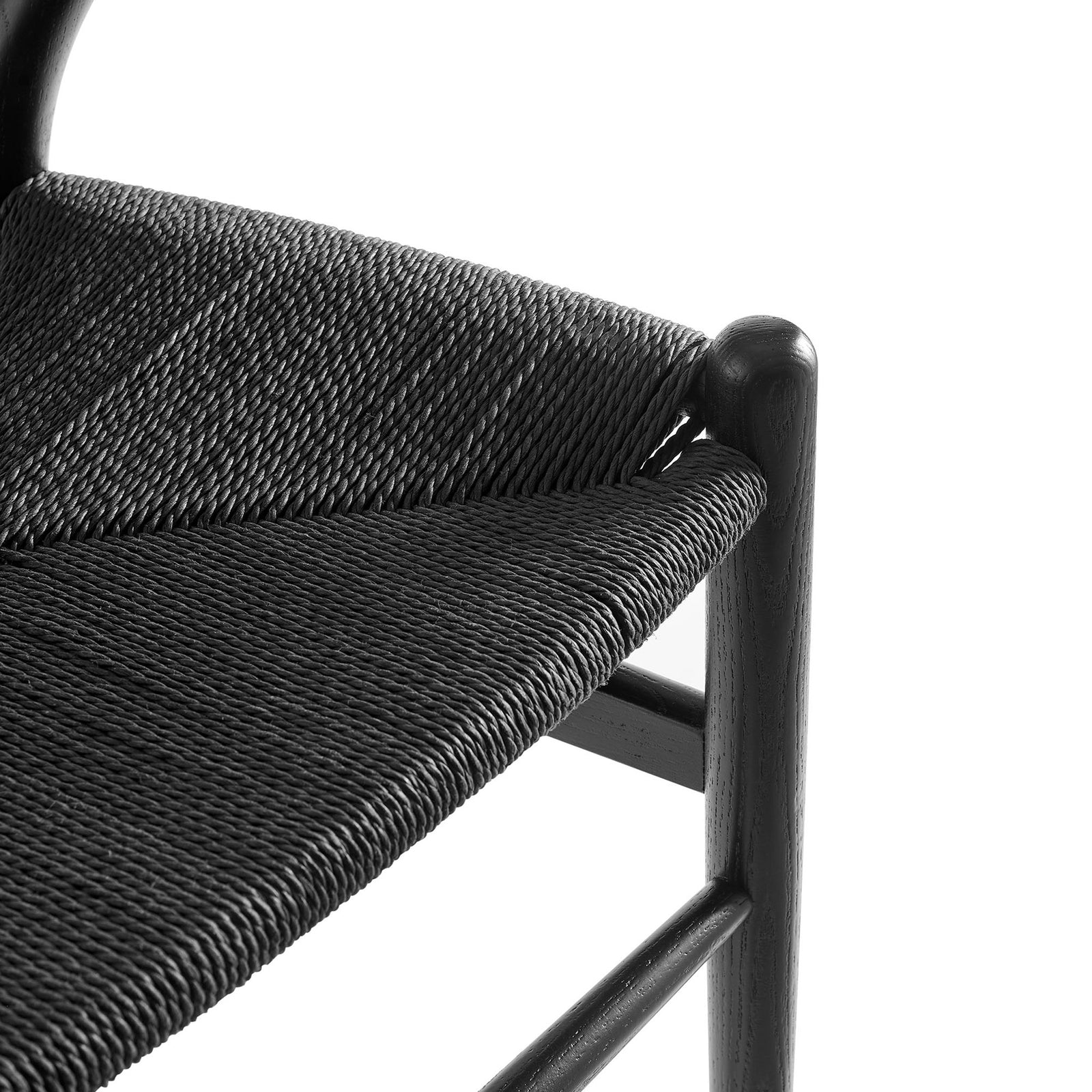 Detail of the textured black paper rope seat showing the intricate diagonal weave design || EEI-7200-BLK-BLK || detail_studio