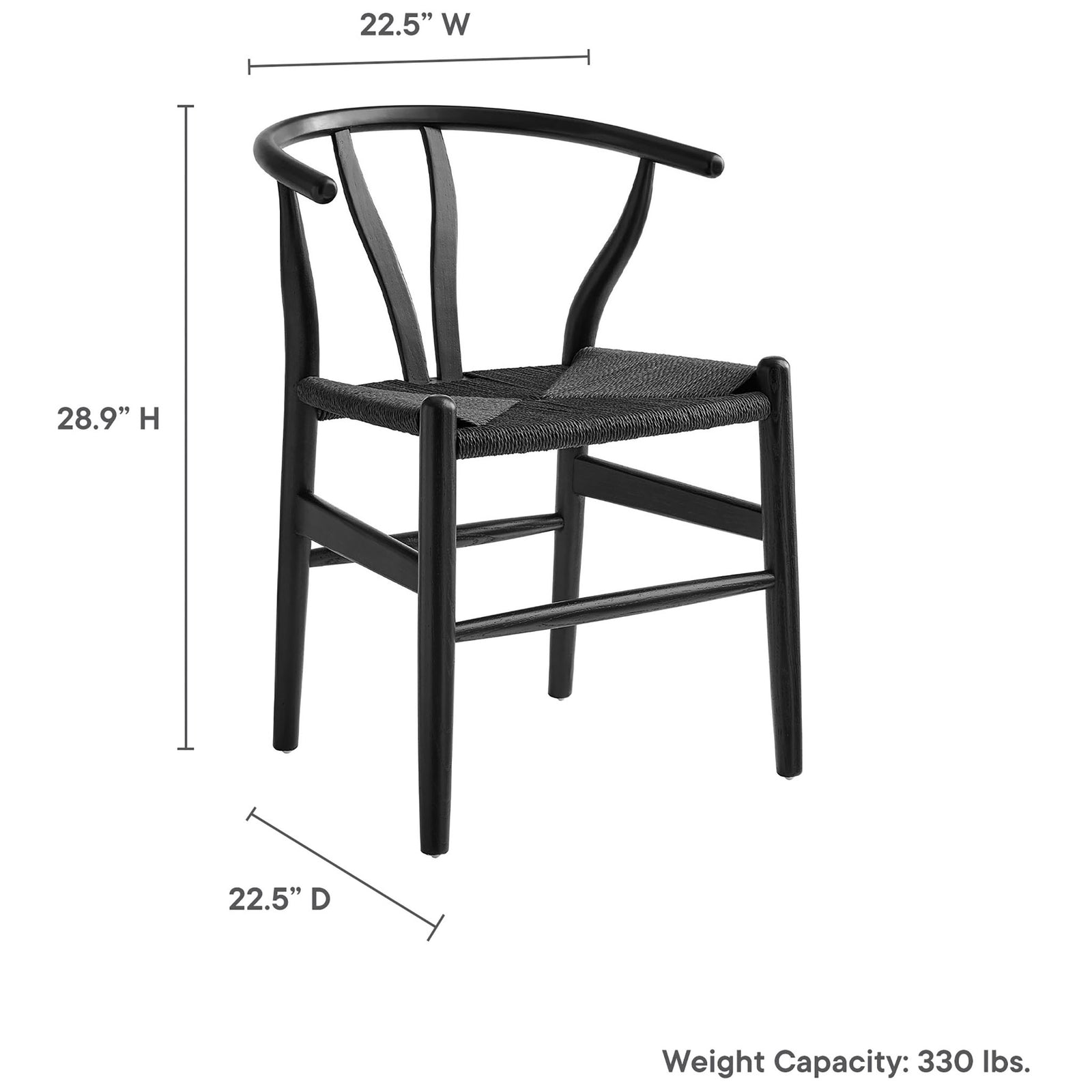 Size and weight capacity details for the black Amish dining chair with clearly labeled measurements || EEI-7200-BLK-BLK || dimension_studio