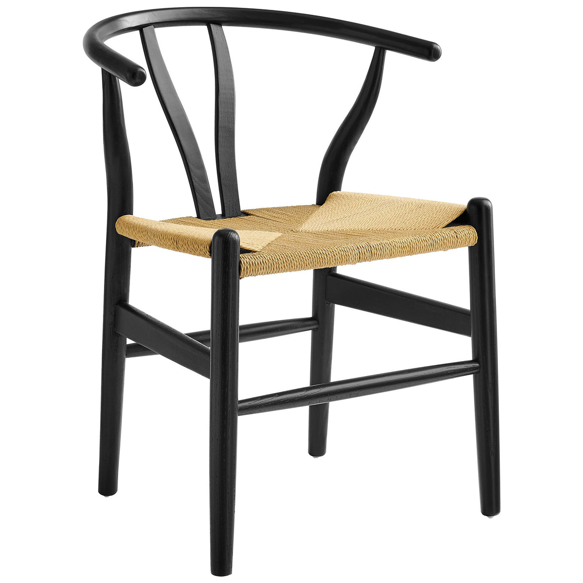 Black wood dining chair with curved wraparound back and natural woven rope seat for airy modern style || EEI-7200-BLK || front_angle_studio