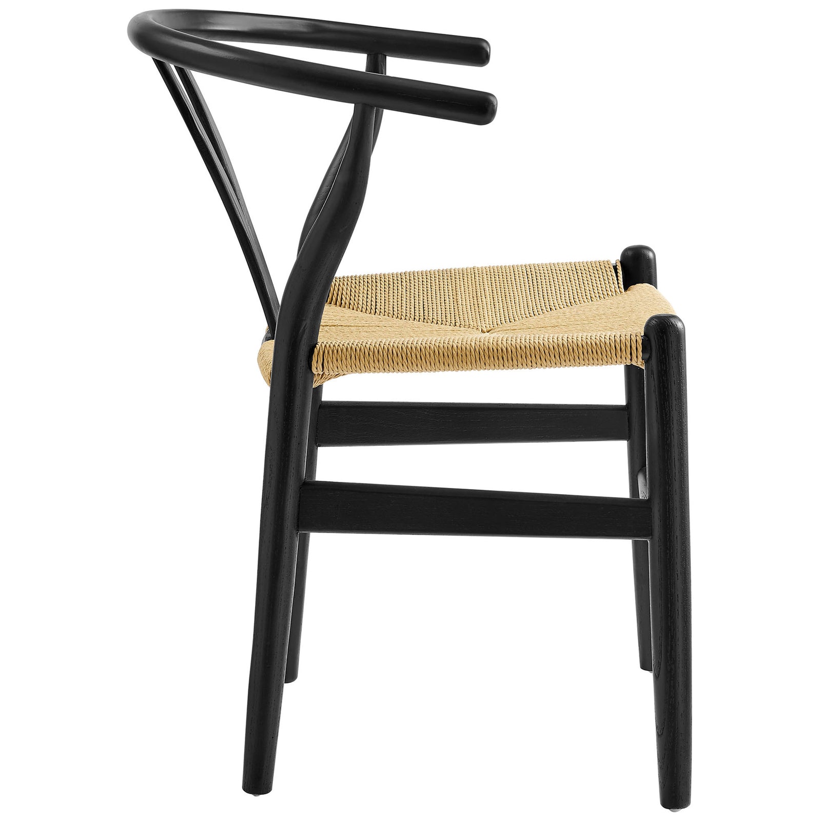 Sculpted black wood chair with sweeping armrest, rope seat, and slim footrest for relaxed dining comfort || EEI-7200-BLK || side_studio