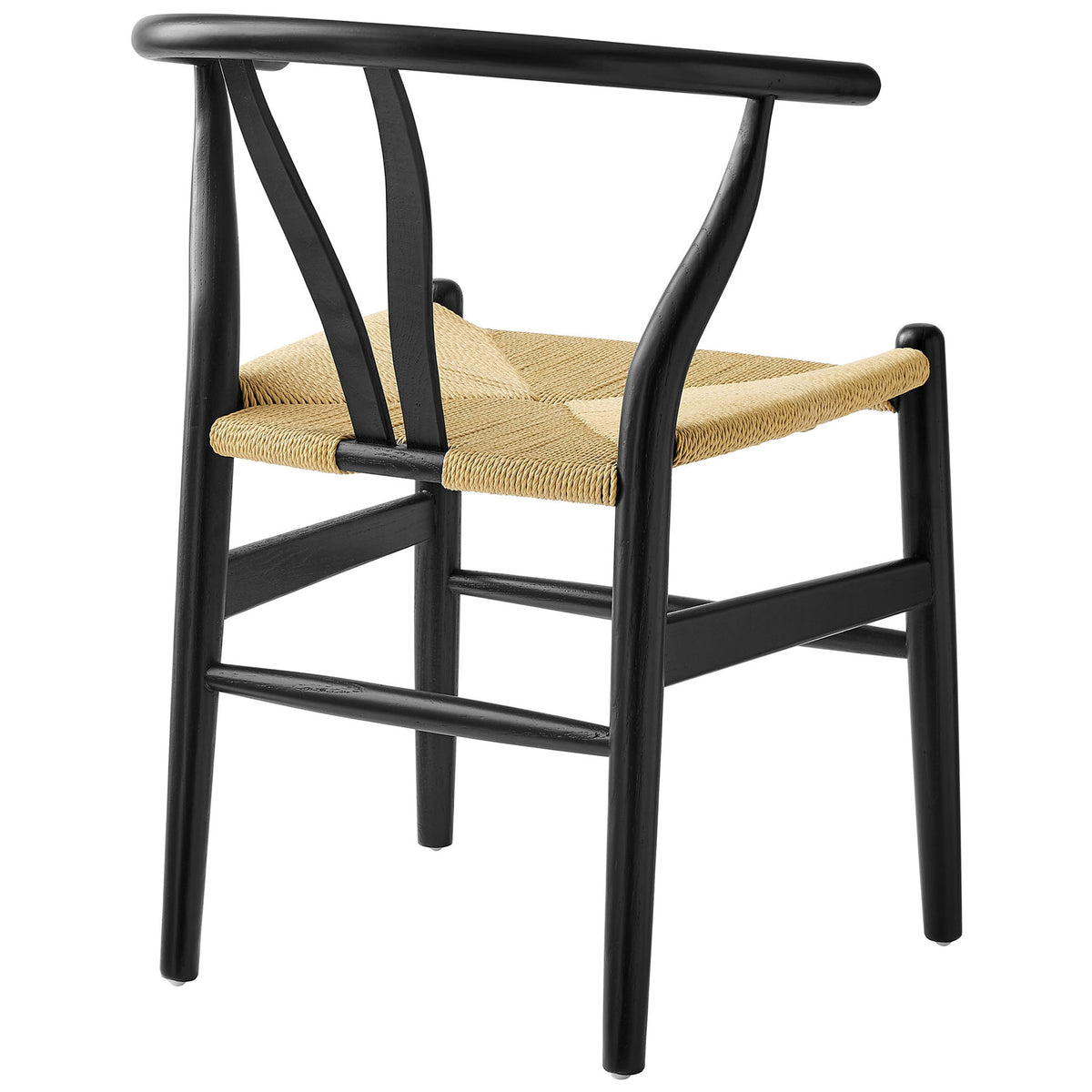 Black elm chair with curved back and V-shaped cutout showcasing handcrafted rope seat texture || EEI-7200-BLK || back_angle_studio