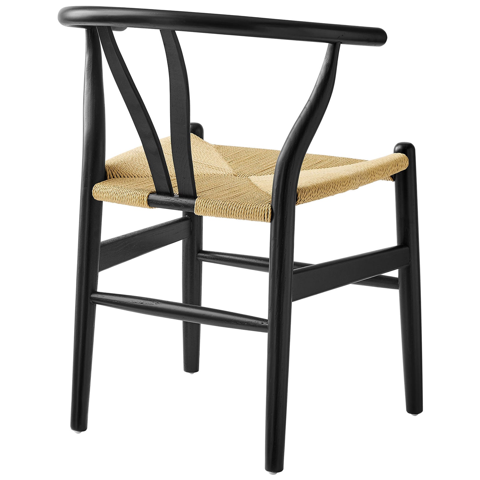 Black elm chair with curved back and V-shaped cutout showcasing handcrafted rope seat texture || EEI-7200-BLK || back_angle_studio