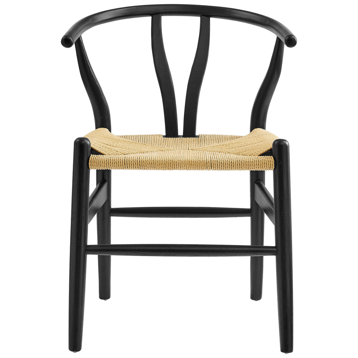 Minimalist black wood dining chair with gently arched back and natural woven paper rope seat || EEI-7200-BLK || front_studio