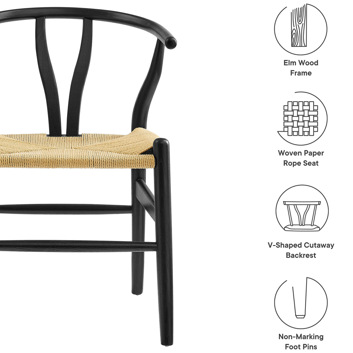 Feature graphic highlighting elm wood frame, woven rope seat, V-cut backrest, and non-marking foot pins || EEI-7200-BLK || callout_studio