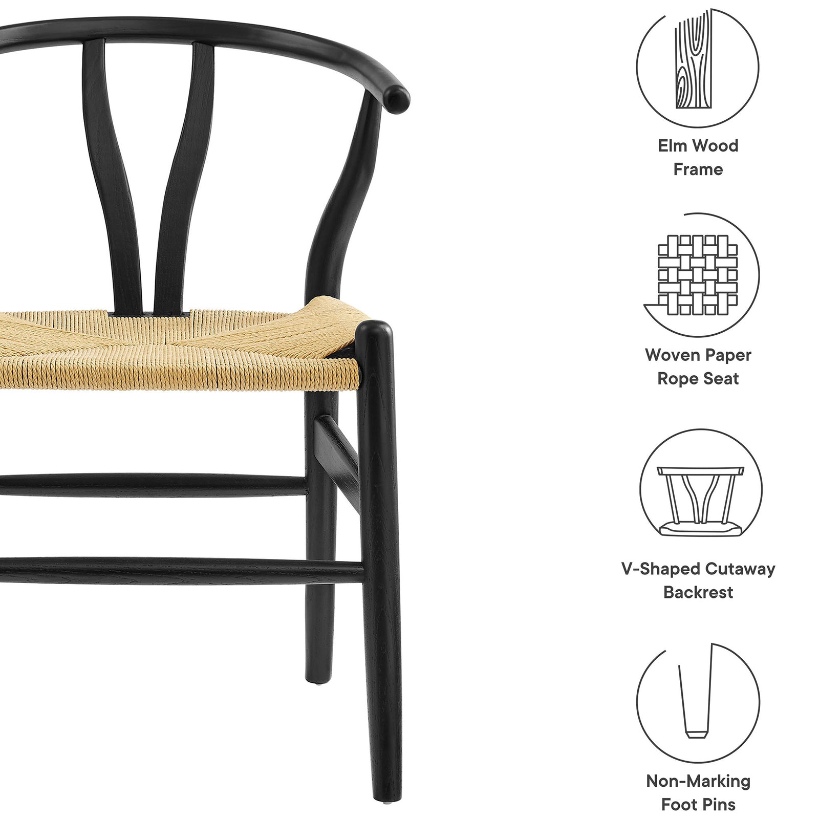Feature graphic highlighting elm wood frame, woven rope seat, V-cut backrest, and non-marking foot pins || EEI-7200-BLK || callout_studio