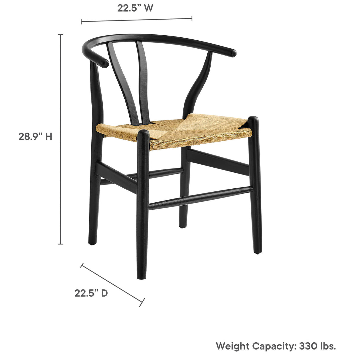 Size guide showing chair height, width, depth, and weight capacity for the Amish rope dining chair || EEI-7200-BLK || dimension_studio