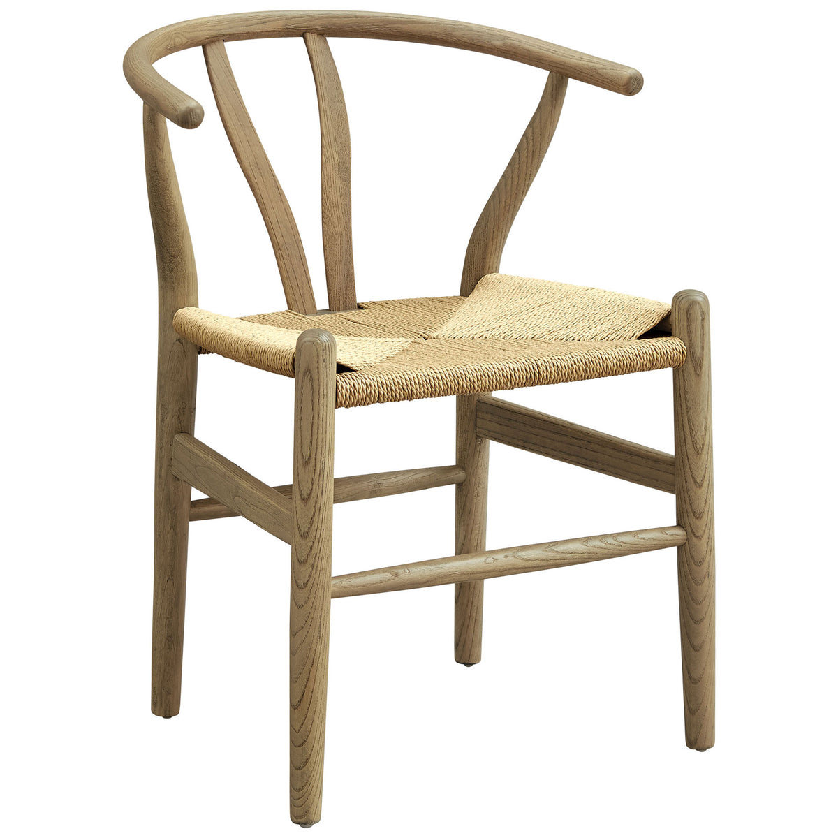Amish gray wood dining chair highlighting sculpted frame rounded arms and woven rope seat || EEI-7200-GRY || front_angle_studio