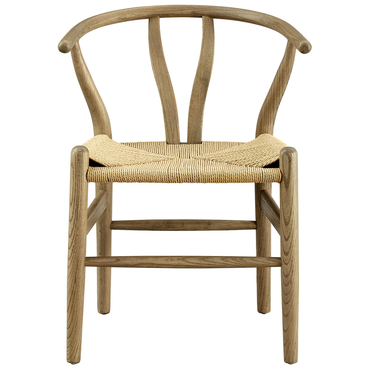Amish gray wood dining chair with curved half moon back and woven rope seat || EEI-7200-GRY || front_studio