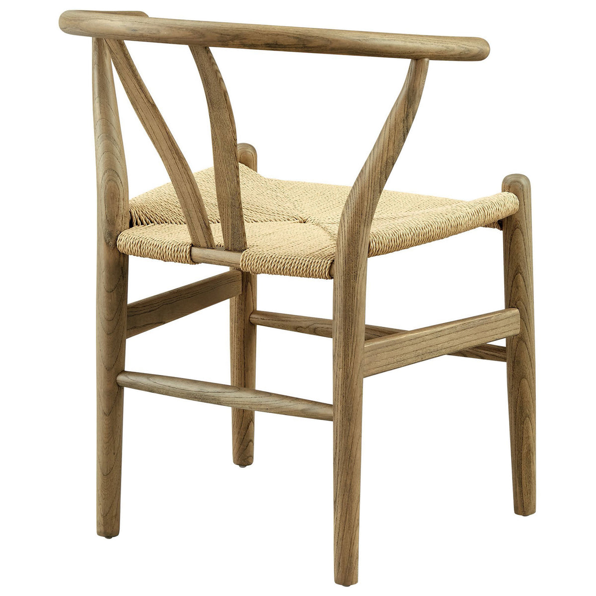 Amish gray wood dining chair with V shaped cutaway backrest wraparound top rail and woven rope seat || EEI-7200-GRY || back_angle_studio