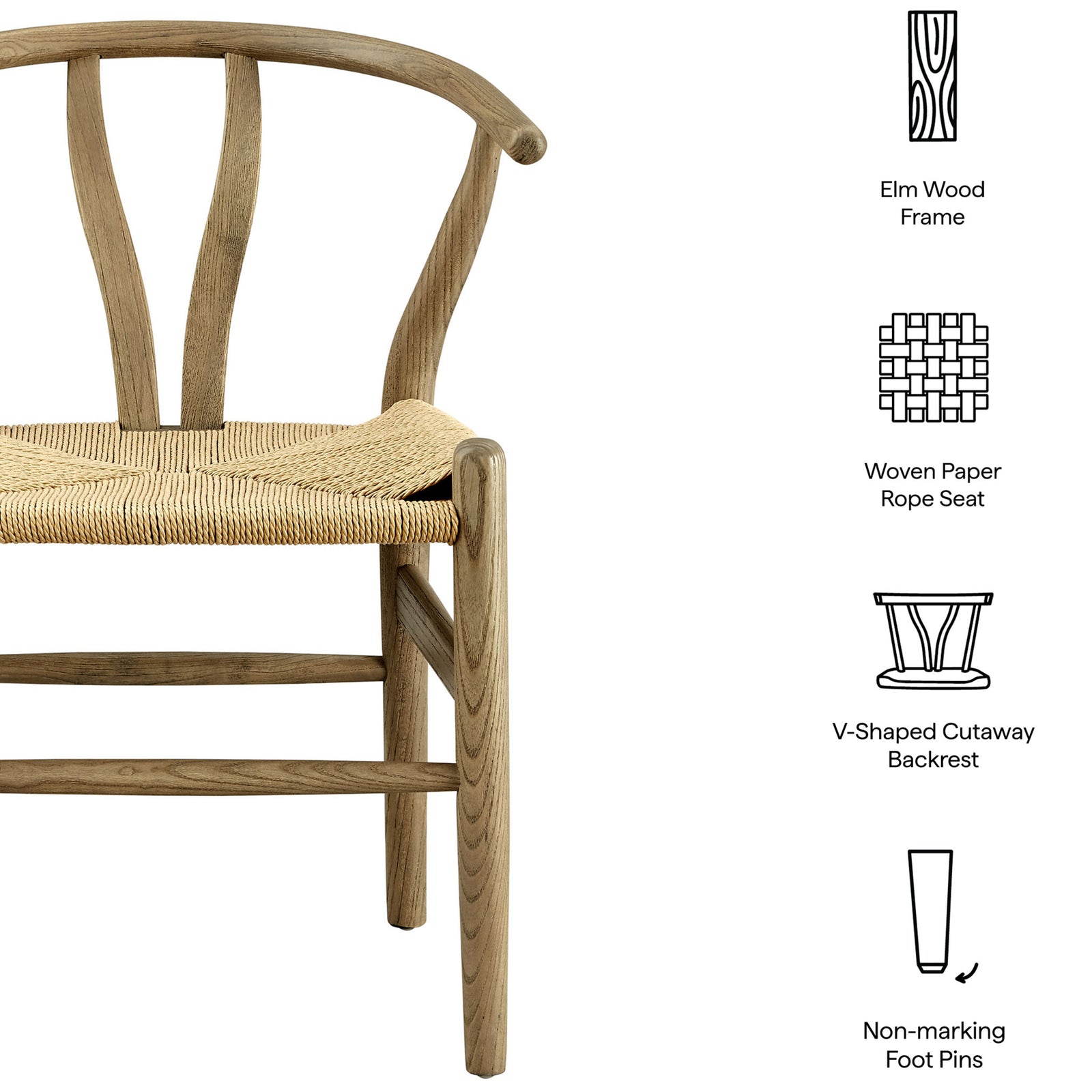 Amish gray wood dining chair with elm wood frame woven rope seat cutaway backrest and non marking foot pins || EEI-7200-GRY || callout_studio