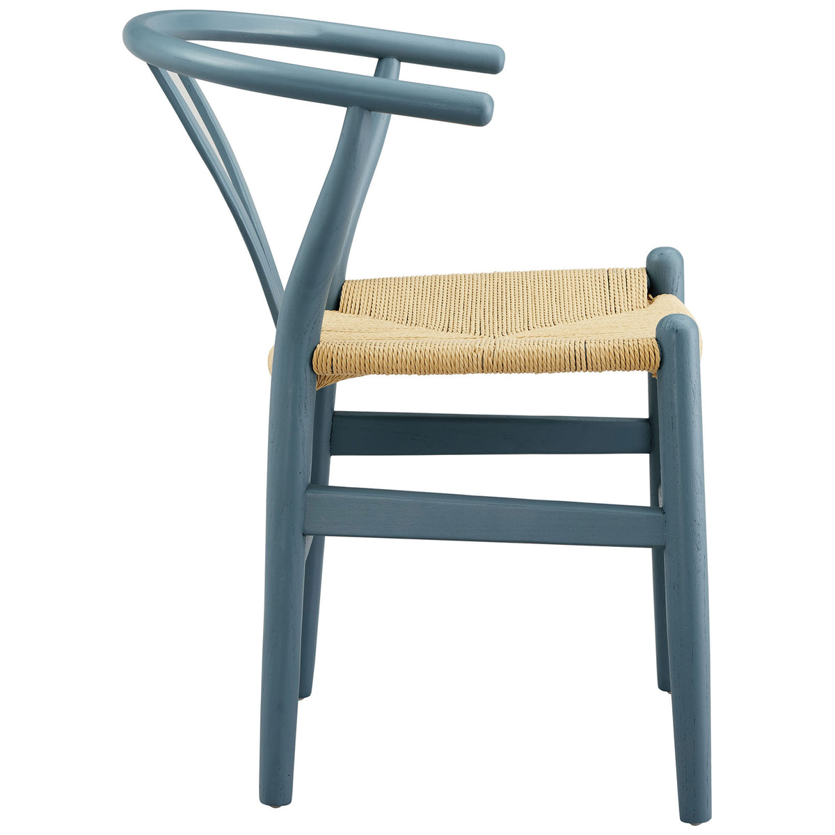 Profile of harbor blue wooden dining chair showcasing slim legs and convenient footrest rails || EEI-7200-HAR || side_studio