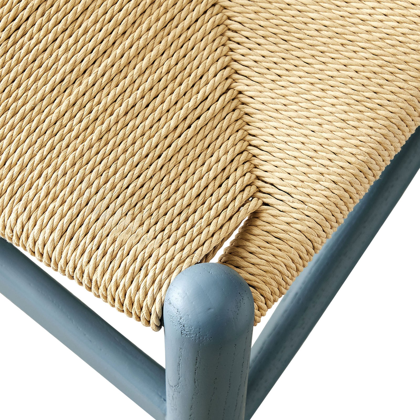 Tightly woven natural rope seat on harbor blue wood dining chair for textured comfort || EEI-7200-HAR || detail_studio