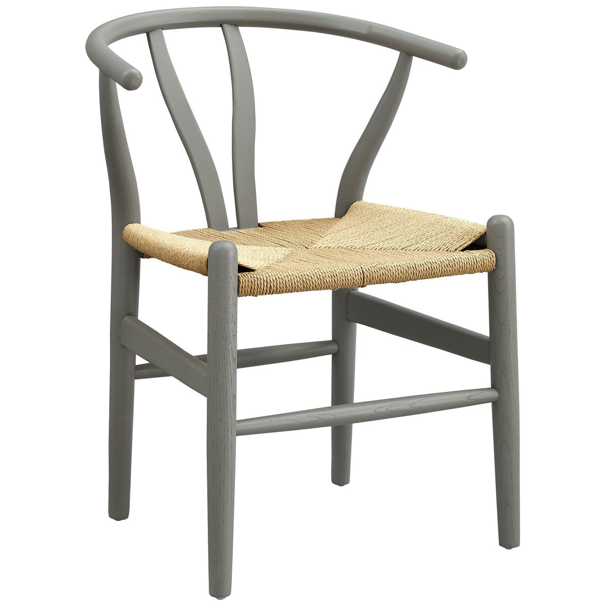 Light gray wood side chair with curved backrest and woven rope seat for airy, modern dining style || EEI-7200-LGR || front_angle_studio