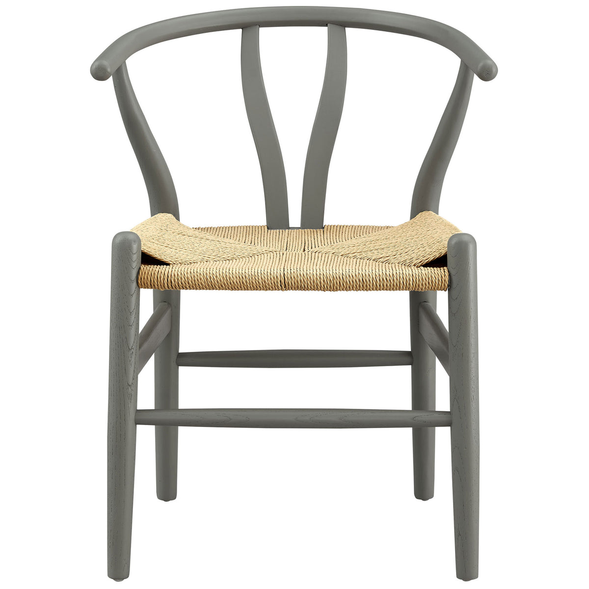Front view of Amish-inspired light gray wood chair with sculptural back and tightly woven rope seat || EEI-7200-LGR || front_studio