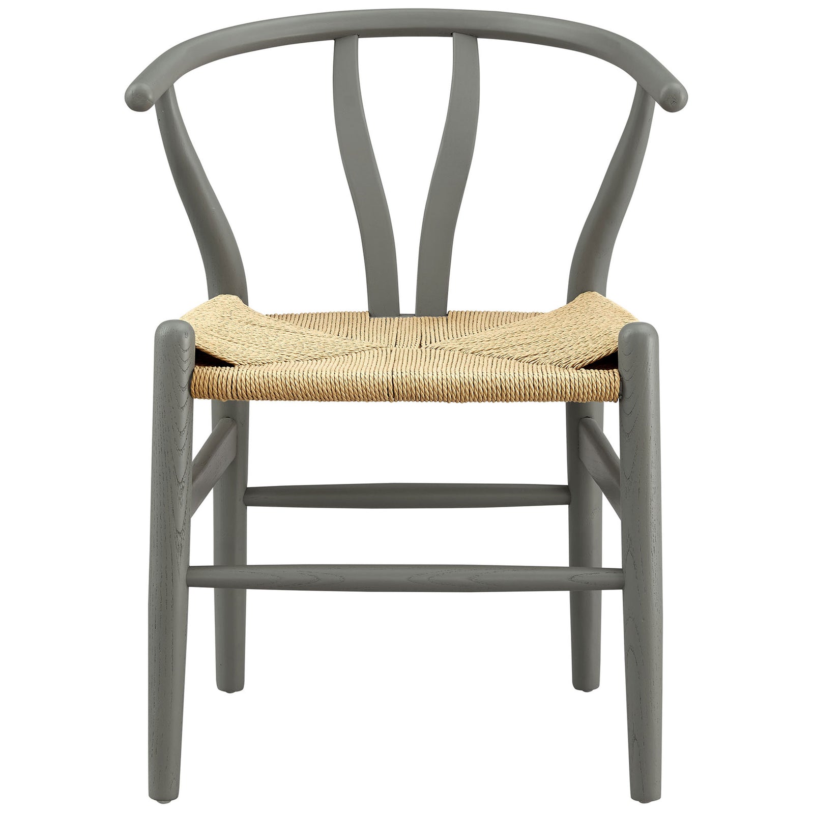 Front view of Amish-inspired light gray wood chair with sculptural back and tightly woven rope seat || EEI-7200-LGR || front_studio
