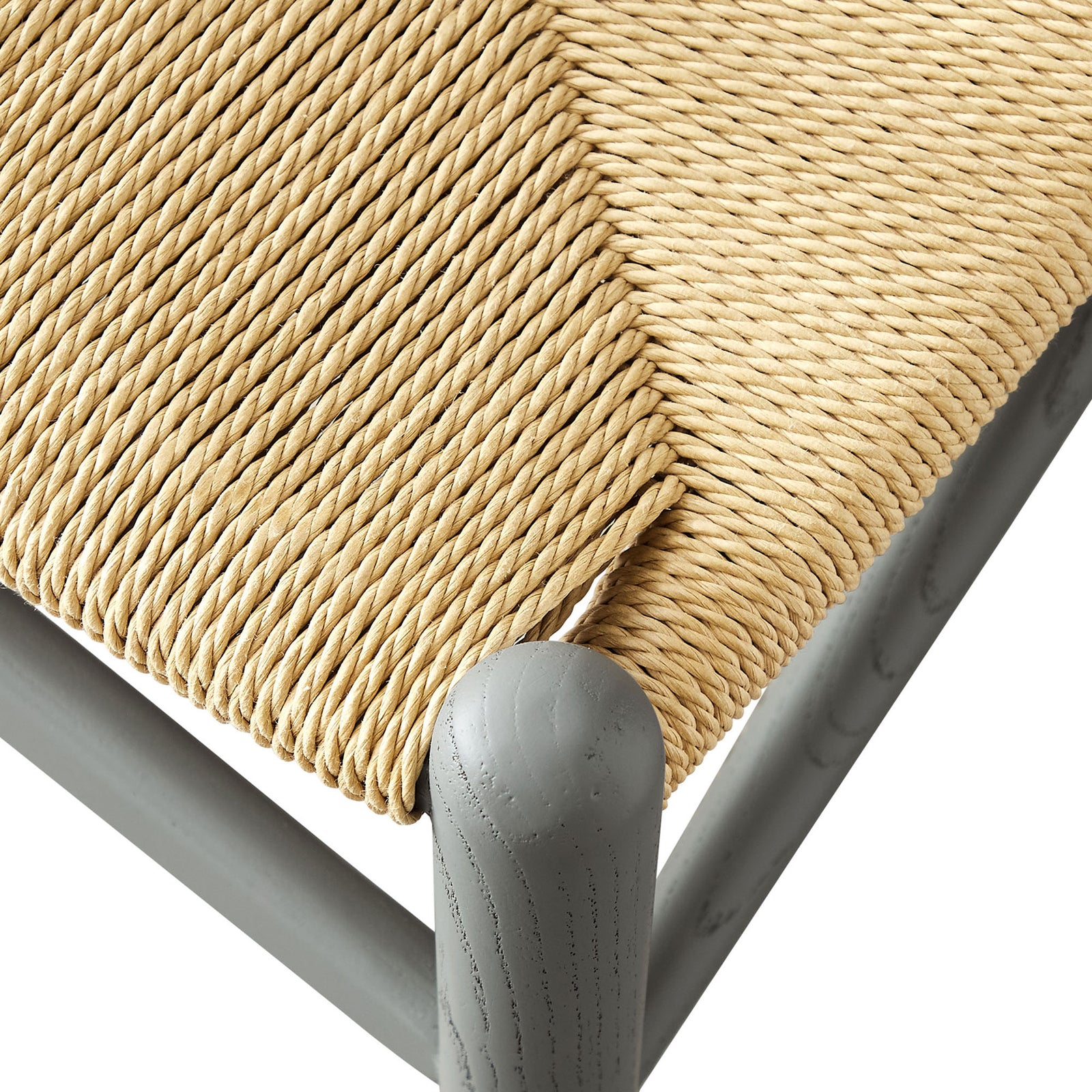 Close-up of natural woven rope seat showcasing intricate texture against smooth light gray wood frame || EEI-7200-LGR || detail_studio