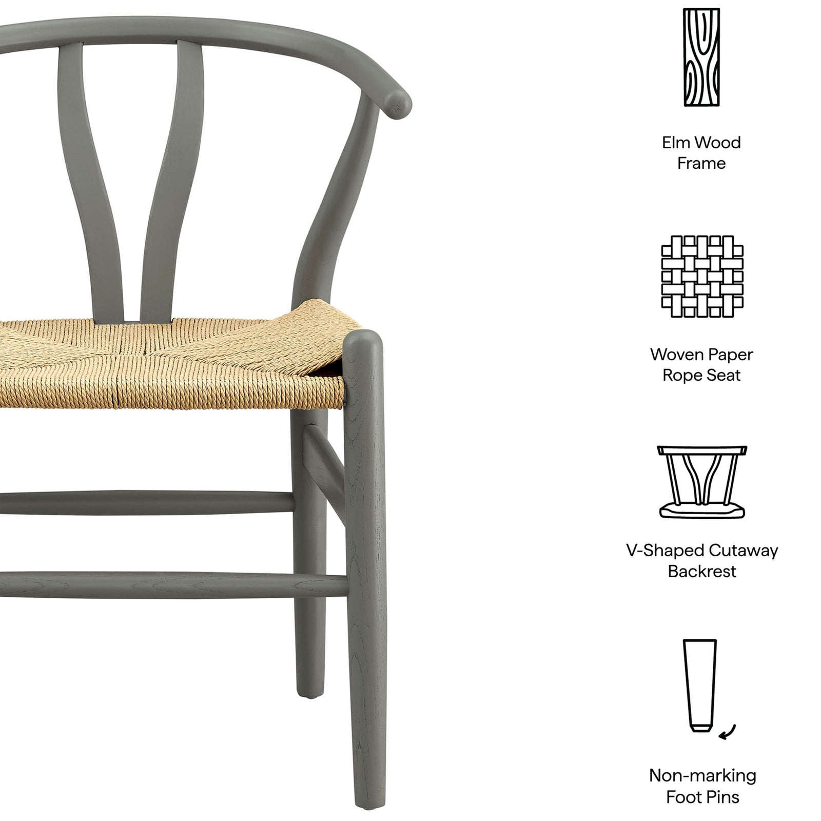 Feature diagram of light gray Amish dining chair calling out elm wood frame, woven rope seat, and nonmarking feet || EEI-7200-LGR || callout_studio