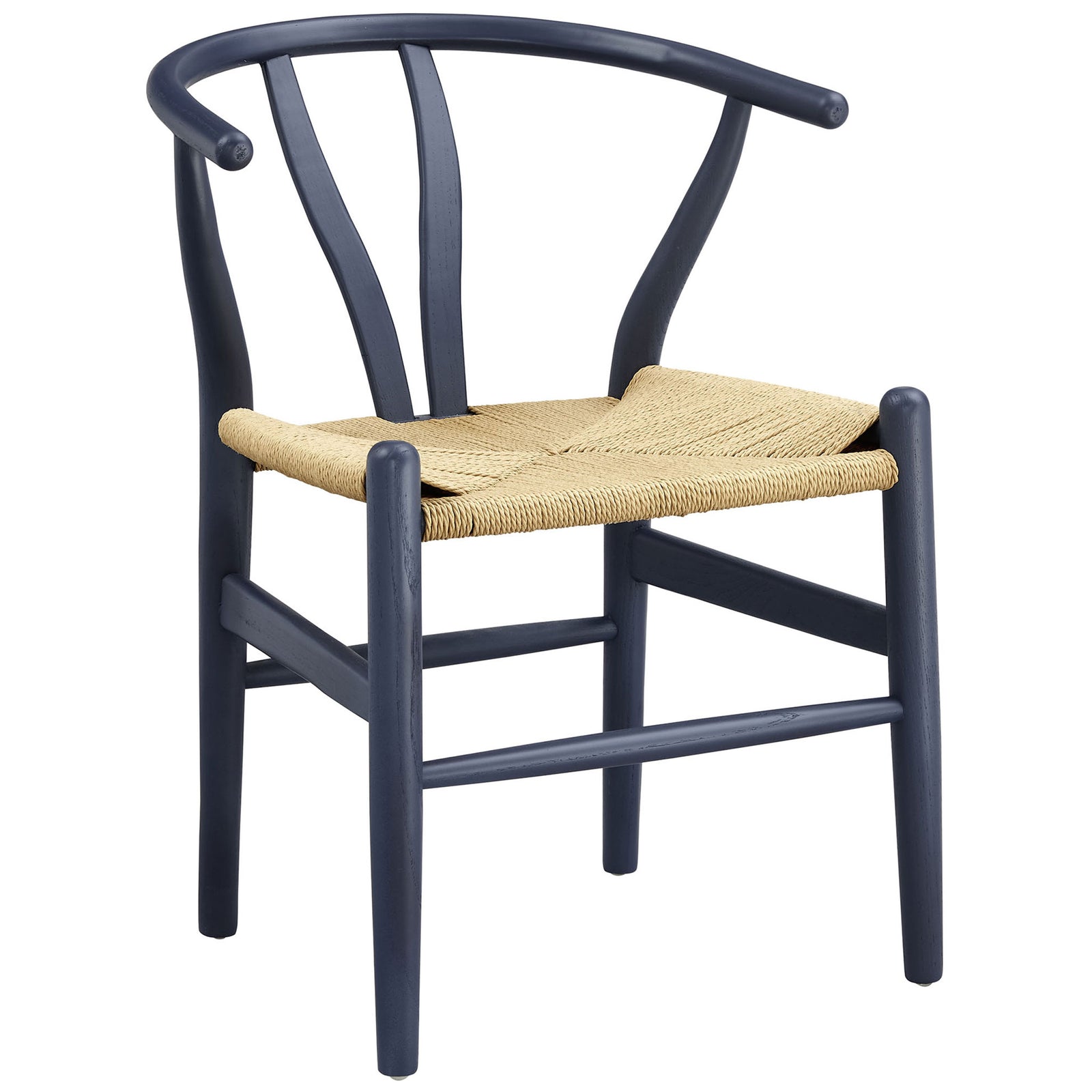 Midnight blue Amish dining chair with curved wood back and woven paper rope seat. || EEI-7200-MID || front_angle_studio