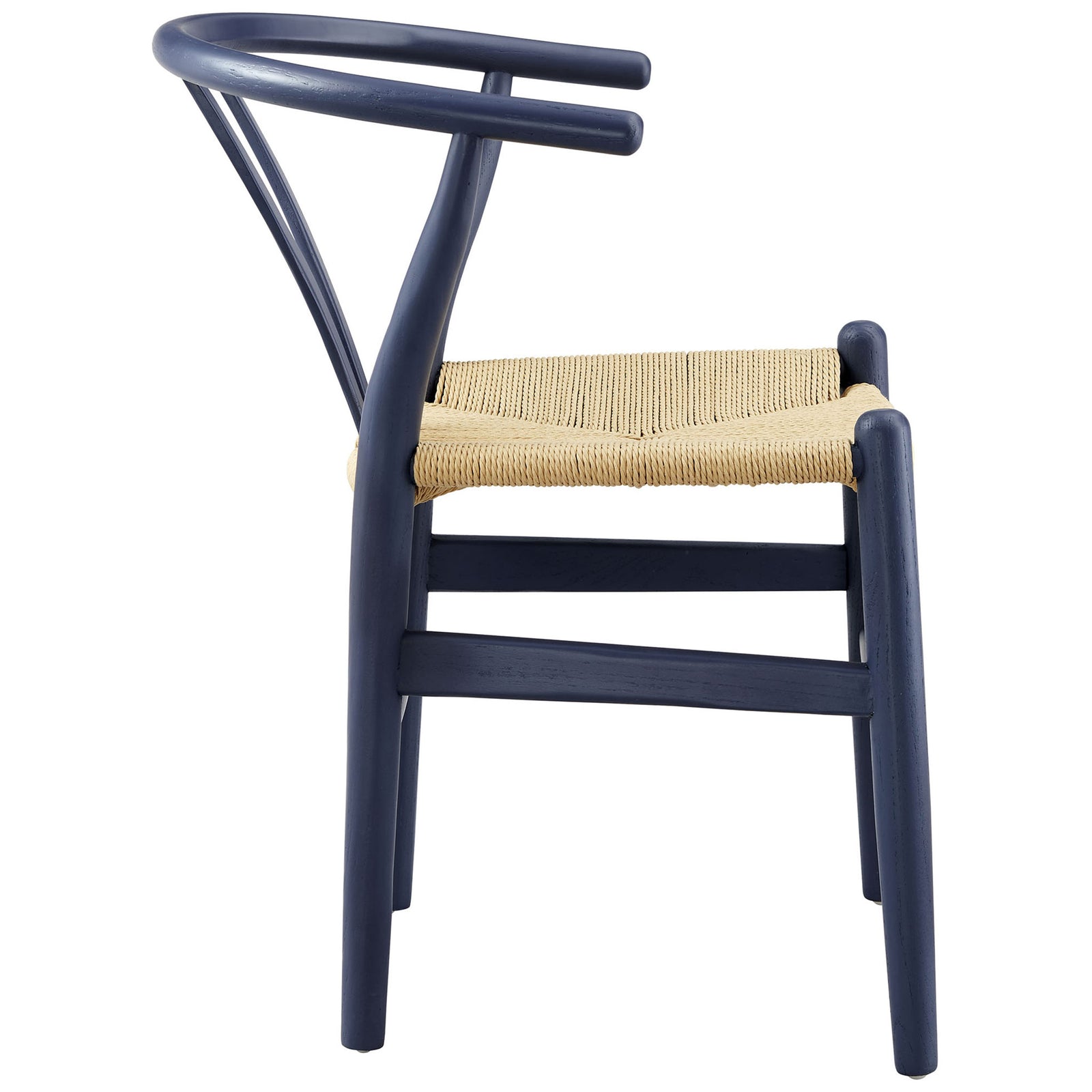 Amish dining chair featuring a smooth midnight blue wood frame and natural woven rope seat. || EEI-7200-MID || side_studio