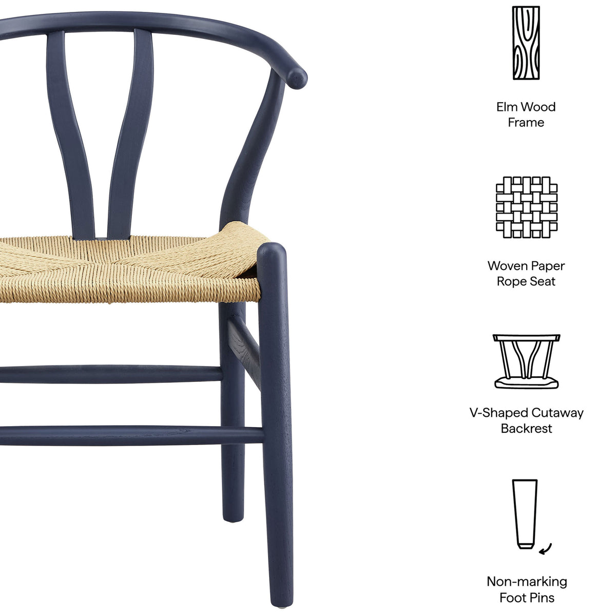 Amish dining chair with icons emphasizing elm wood frame, woven paper rope seat, and non-marking foot pins. || EEI-7200-MID || callout_studio