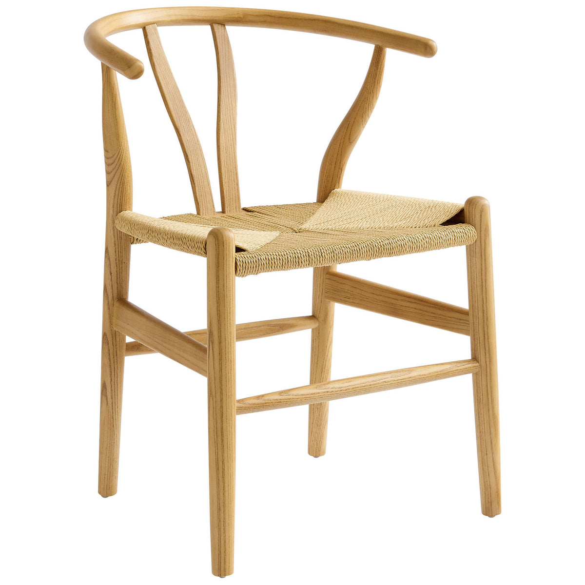 Natural elm wood dining chair with sculpted wraparound back and paper rope seat || EEI-7200-NAT || front_angle_studio