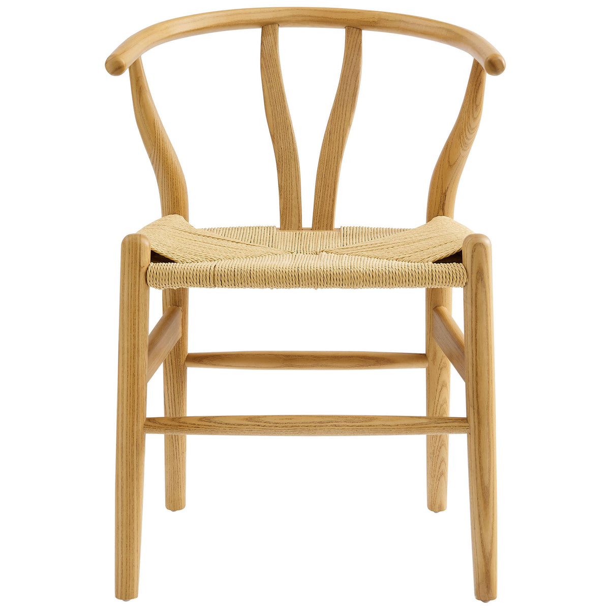 Natural wood dining chair showcasing the curved wishbone back and woven rope seat || EEI-7200-NAT || front_studio