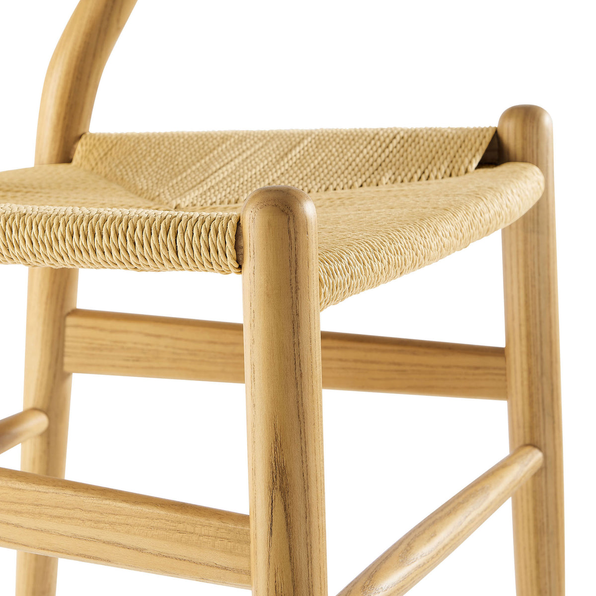 Woven paper rope seat meets the rounded elm wood frame with refined edge detail || EEI-7200-NAT || detail_studio