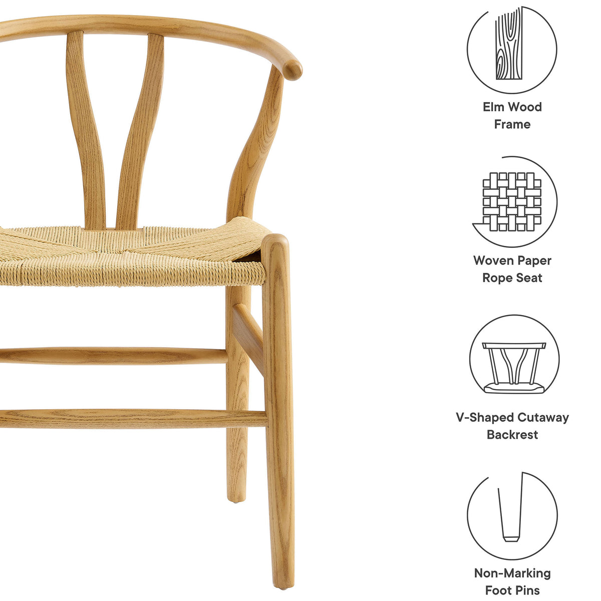 Natural wood chair showcasing rope seat, V-shaped backrest, and non-marking foot pins || EEI-7200-NAT || callout_studio