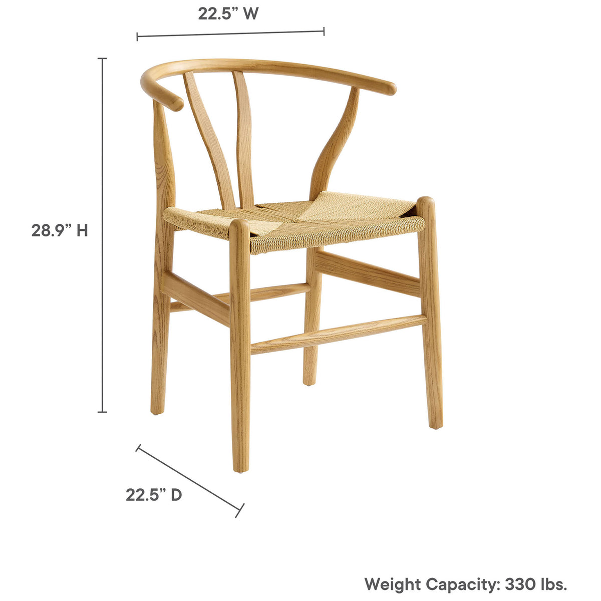 Natural wood dining chair with rope seat along with overall dimensions and weight capacity details || EEI-7200-NAT || dimension_studio