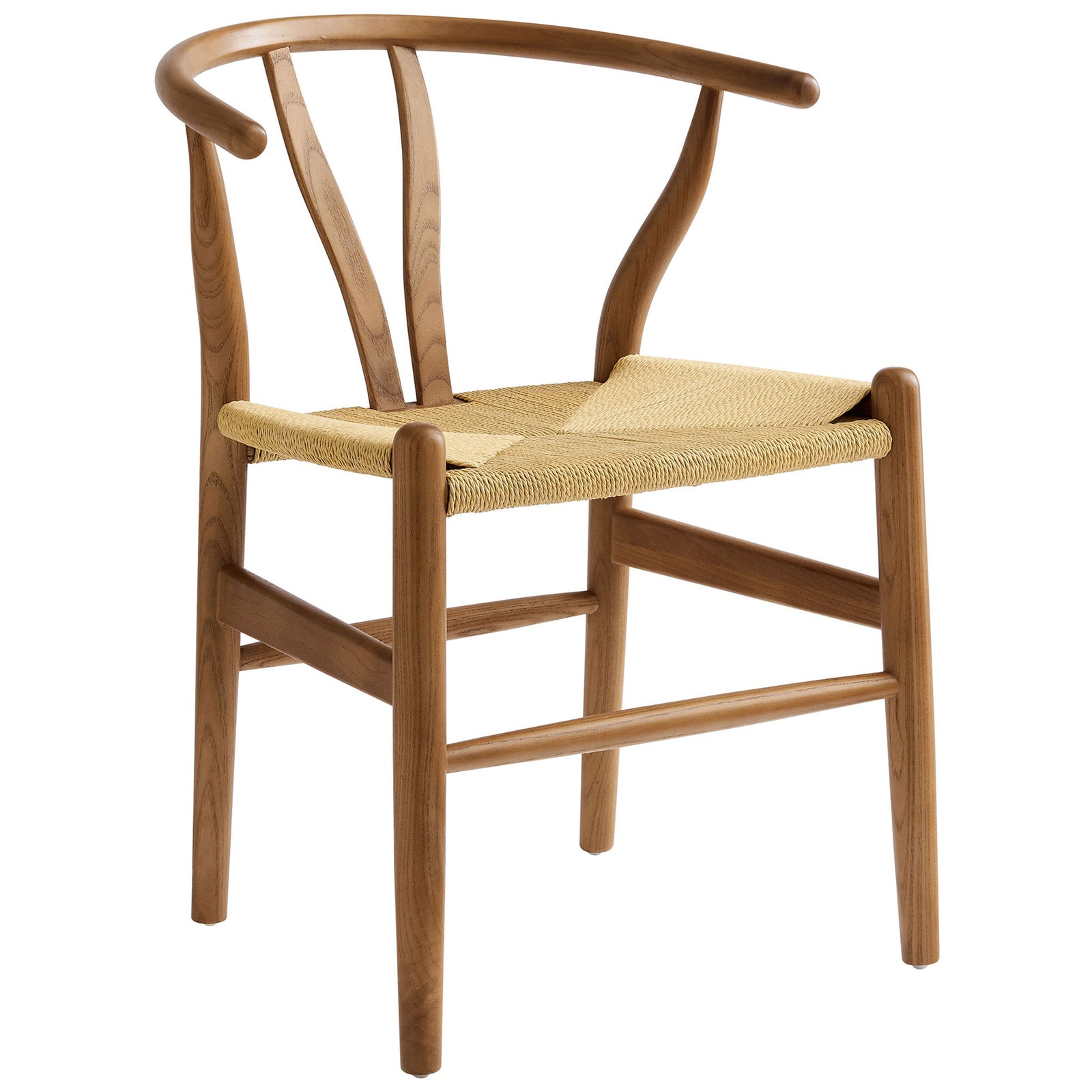 Walnut wood dining chair with curved wishbone-style back and woven natural rope seat || EEI-7200-WAL || front_angle_studio