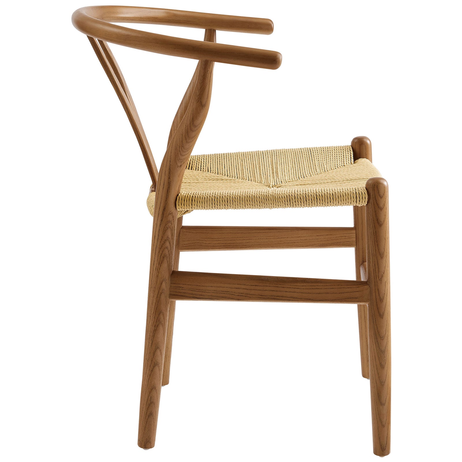 Curved wraparound backrest and airy tapered legs accent this walnut chair with woven rope seat || EEI-7200-WAL || side_studio